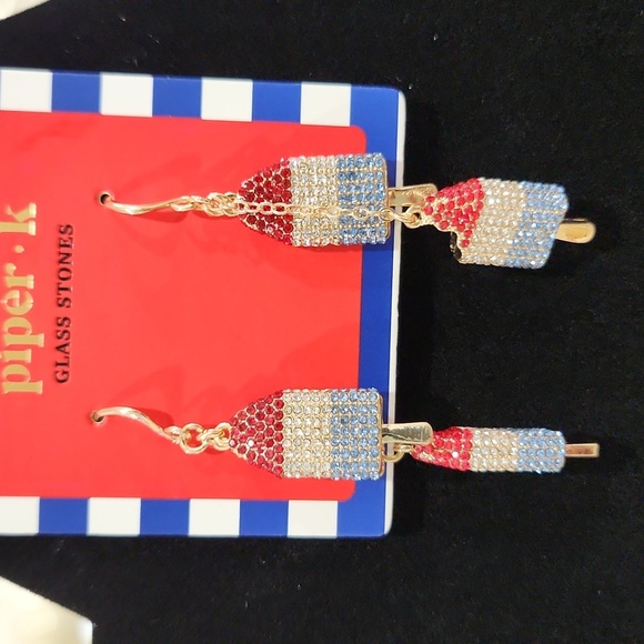 🔹️ Piper K🔹️  Red, White, Blue Rhinestone Patriotic Dangle  Popsicle Earrings - Picture 3 of 3